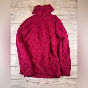 Lands' End Women's Rich Burgundy Cable Knit Turtleneck Sweater